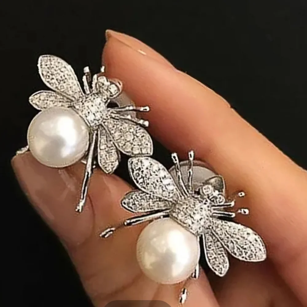 Pearl Bee Earrings Silver Tone Faux Pearl Rhinestones - Picture 7 of 8